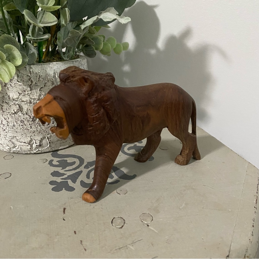 Vintage Wood Handmade Hand Carved Lion Figurine